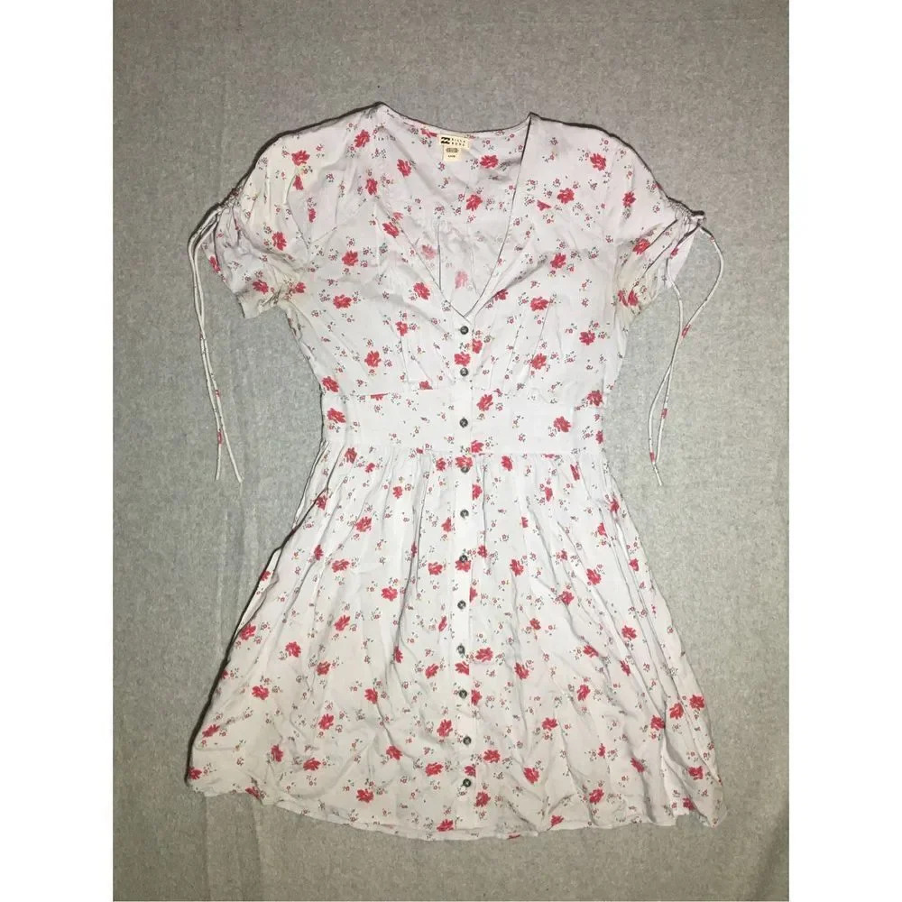 Womens Billabong Dress Size Small Floral Skater Boho Beachy Blue Red V Neck